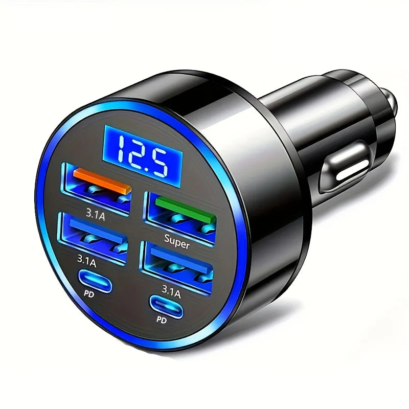 6 in 1 USB C Car Phone Charger Adapter with Voltage Display Dual PD Super Fast for iPhone 15 Pro max OPPO Samsung Huawei
